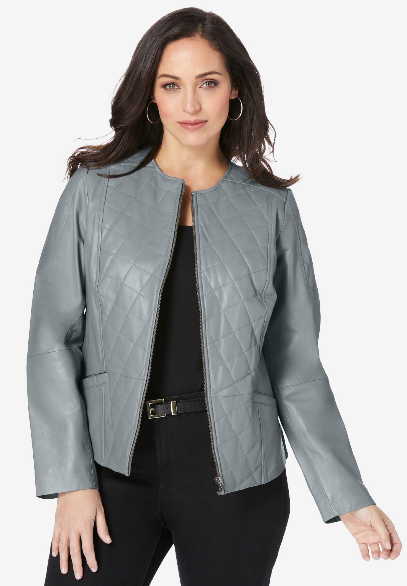 Quilted Leather Jacket, GUNMETAL, hi-res image number 0