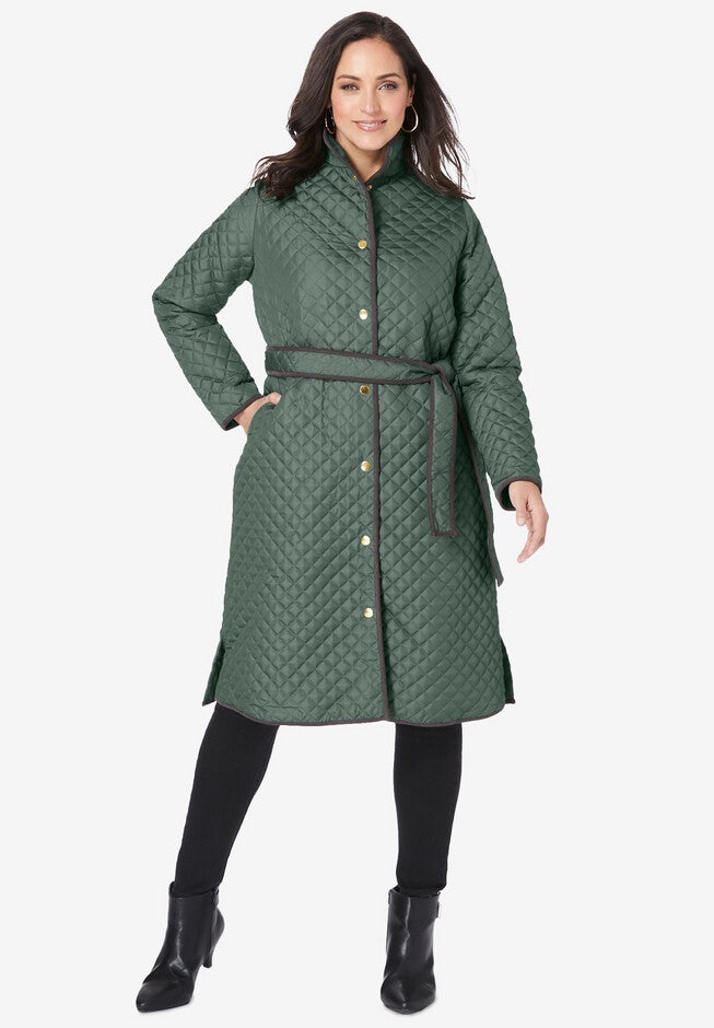 Quilted Collarless Long Jacket, PINE, hi-res image number null