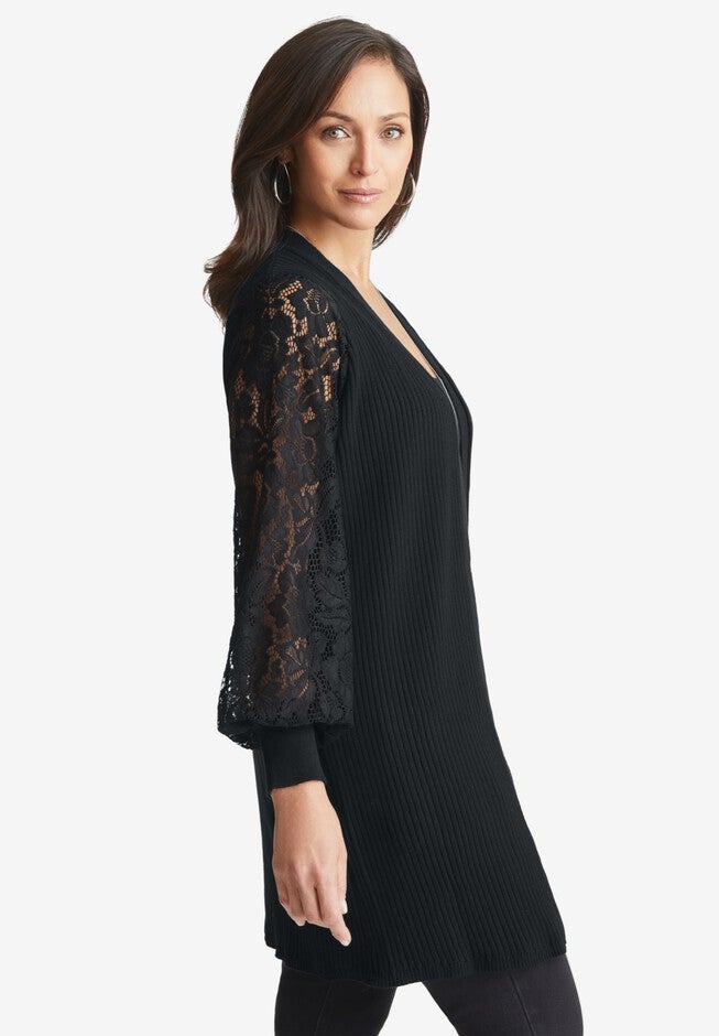Rib Lace Sleeve Cardigan, , alternate image number 2