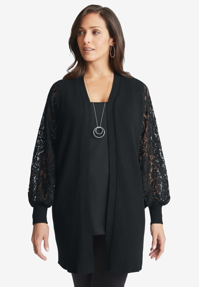 Rib Lace Sleeve Cardigan, BLACK, hi-res image number 0