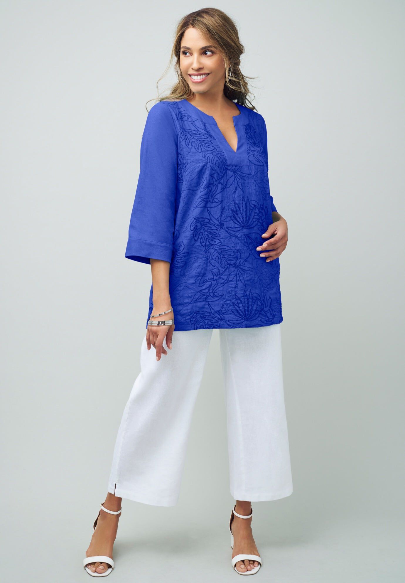 Linen V-Neck Embroidered Tunic, SAPPHIRE LEAF EMBROIDERY, hi-res image number 0