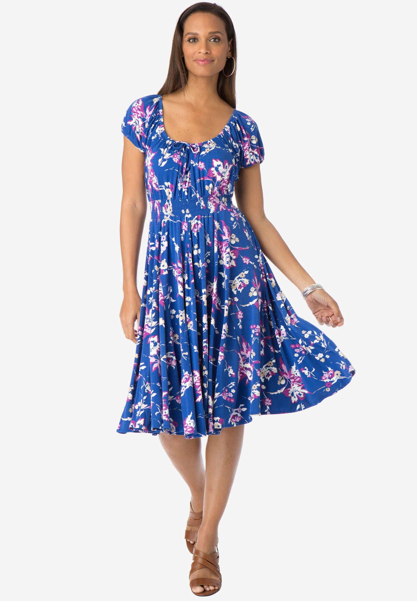 Stretch Knit Peasant Dress, DARK SAPPHIRE FLORAL, hi-res image number 0