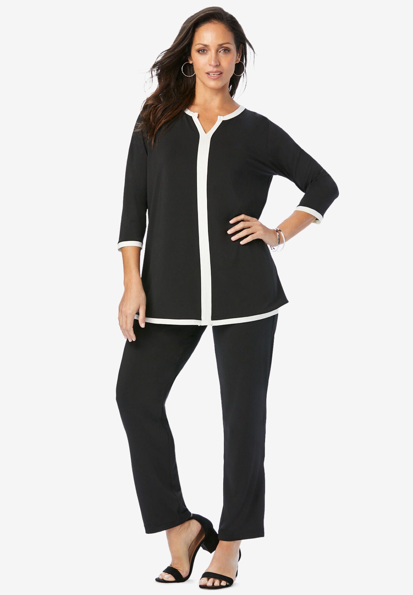 2-Piece Stretch Knit Notch Neck Pant Set, BLACK WHITE COMBO, hi-res image number 0