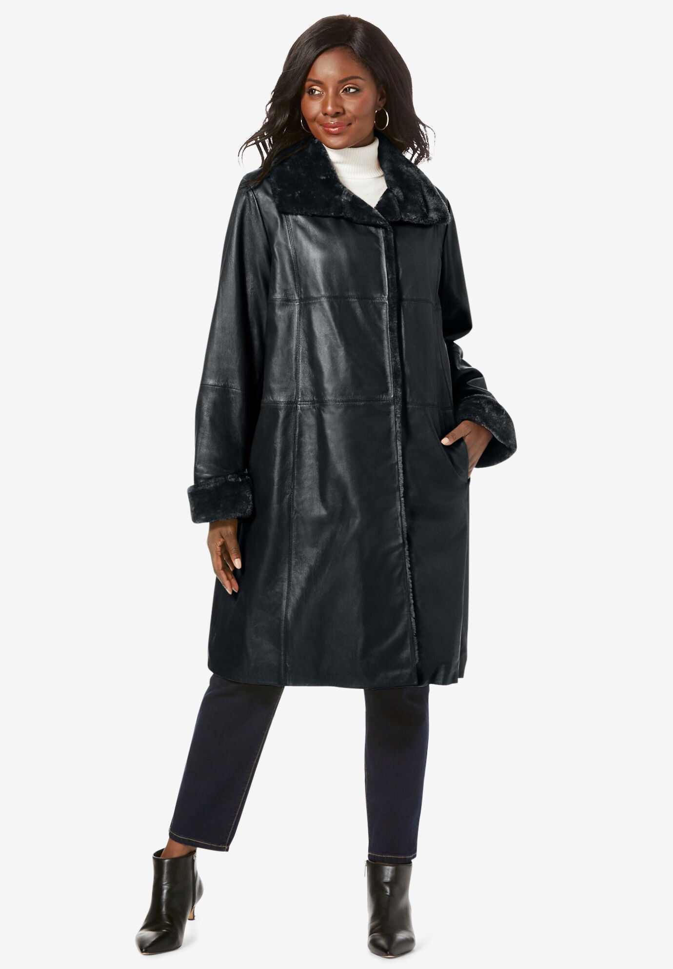 Fur-Trim Leather Swing Coat, BLACK, hi-res image number 0