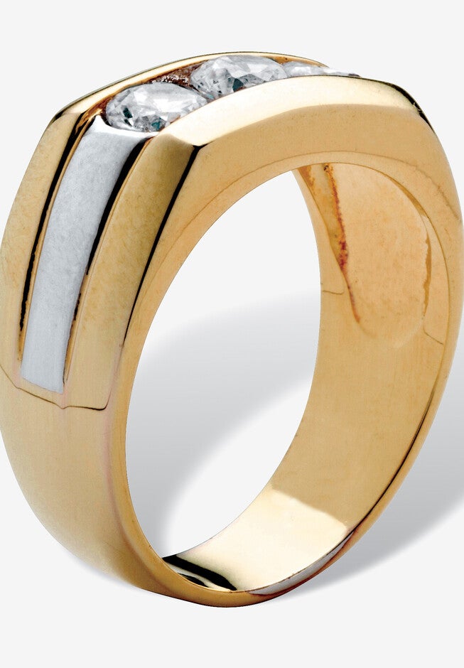 Men's Yellow Gold Plated Cubic Zirconia Two Tone 3 Stone Ring, , on-hover image number 1