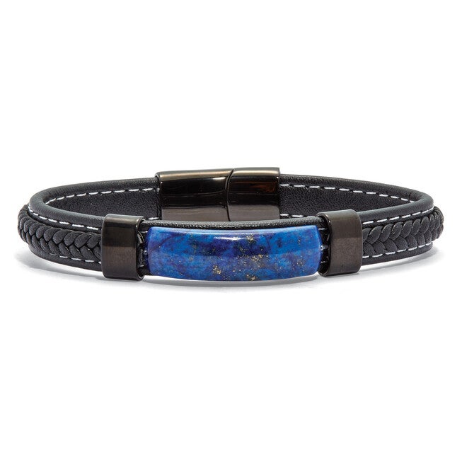 Men's Genuine Blue Lapis Black Ruthenium-Plated Braided Leather Bracelet 9-inch, BLUE, hi-res image number 0