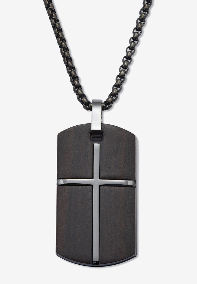 Men'S Black Ion-Plated Stainless Steel Dog Tag Pendant Cross Necklace 26 Inch Jewelry, BLACK, hi-res image number 0