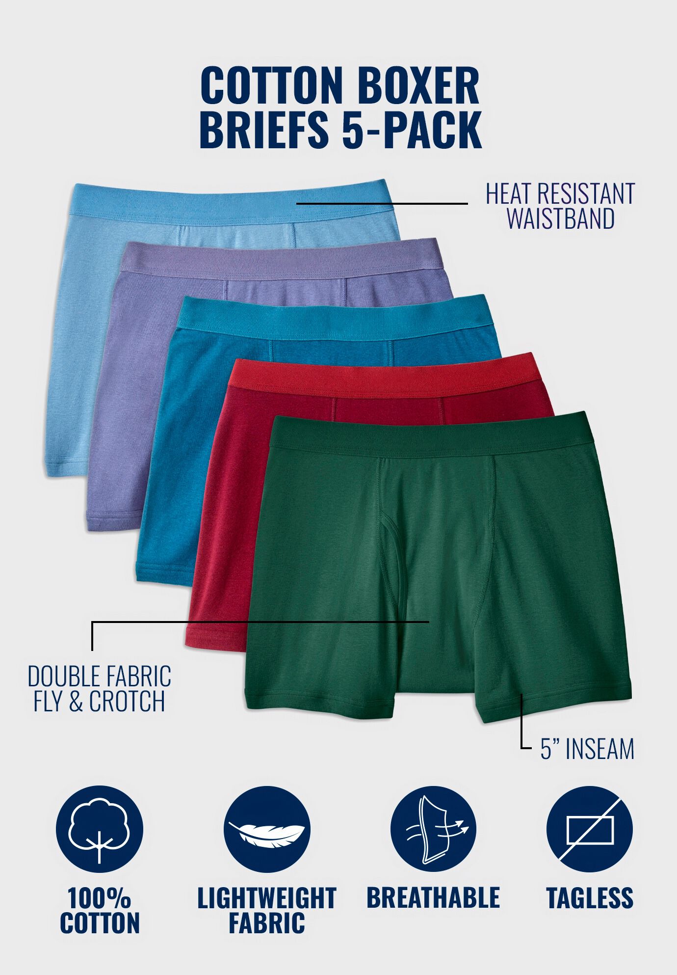 Cotton Boxer Briefs 5-Pack, ASSORTED COLORS, on-hover image number 1