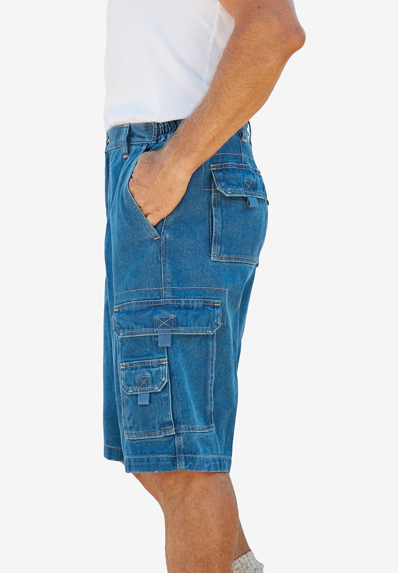 12 Side Elastic Denim Cargo Shorts Eloquii