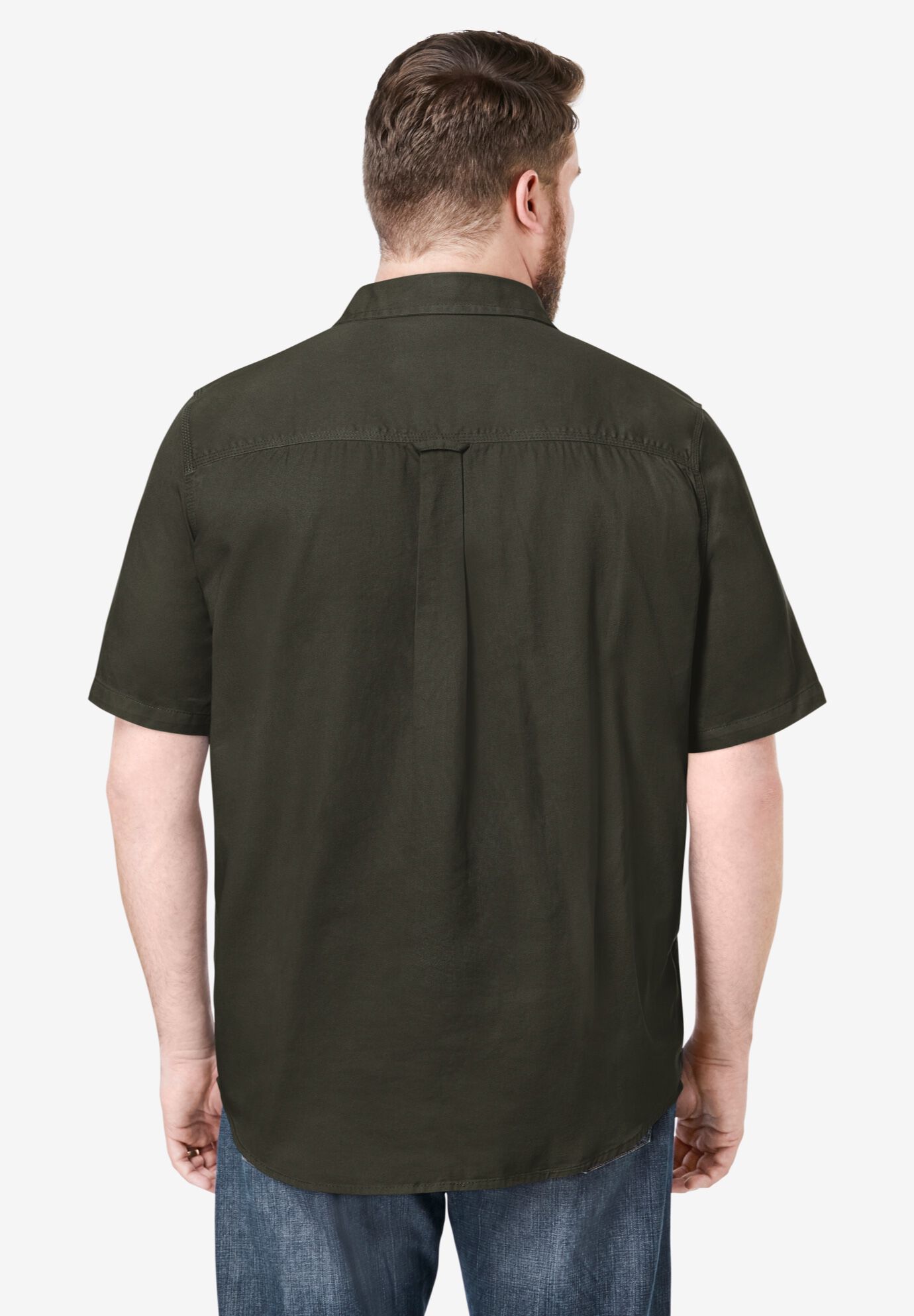 Short Sleeve Denim and Twill Shirt, FOREST GREEN, alternate image number 2