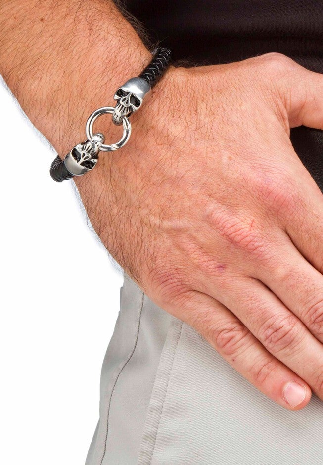 Stainless Steel Double Skull Bangle Bracelet 9 inches, , alternate image number null