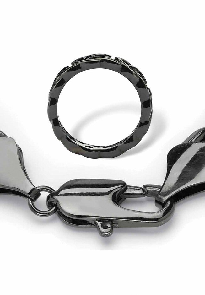 Black Ruthenium-Plated Curb-Link 9 inches Bracelet and Ring Set, , on-hover image number null