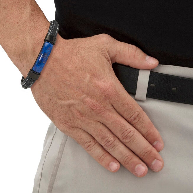 Men's Genuine Blue Lapis Black Ruthenium-Plated Braided Leather Bracelet 9-inch, BLUE, alternate image number 2