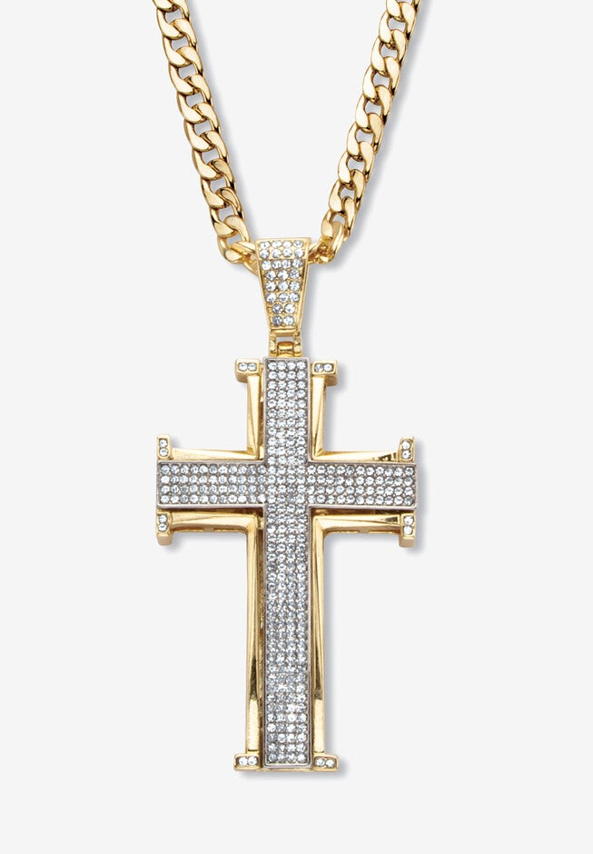 Men'S Yellow Gold Ion Plated Stainless White Crystal Cross Pendant 24 inches Chain, GOLD, hi-res image number 0
