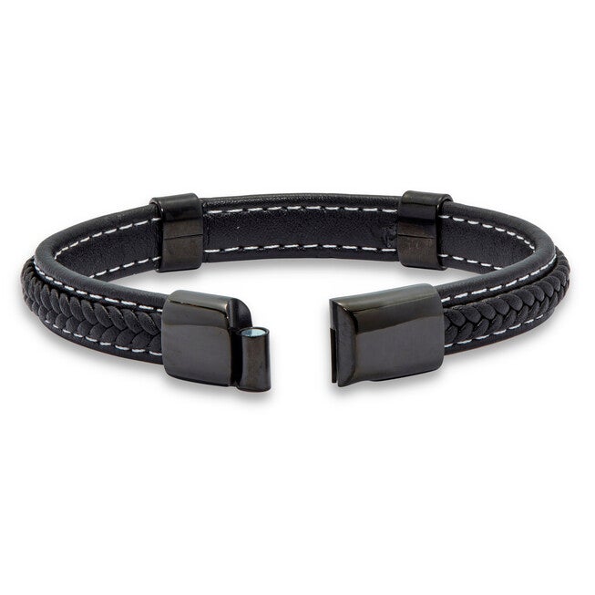 Men's Genuine Blue Lapis Black Ruthenium-Plated Braided Leather Bracelet 9-inch, BLUE, on-hover image number 1