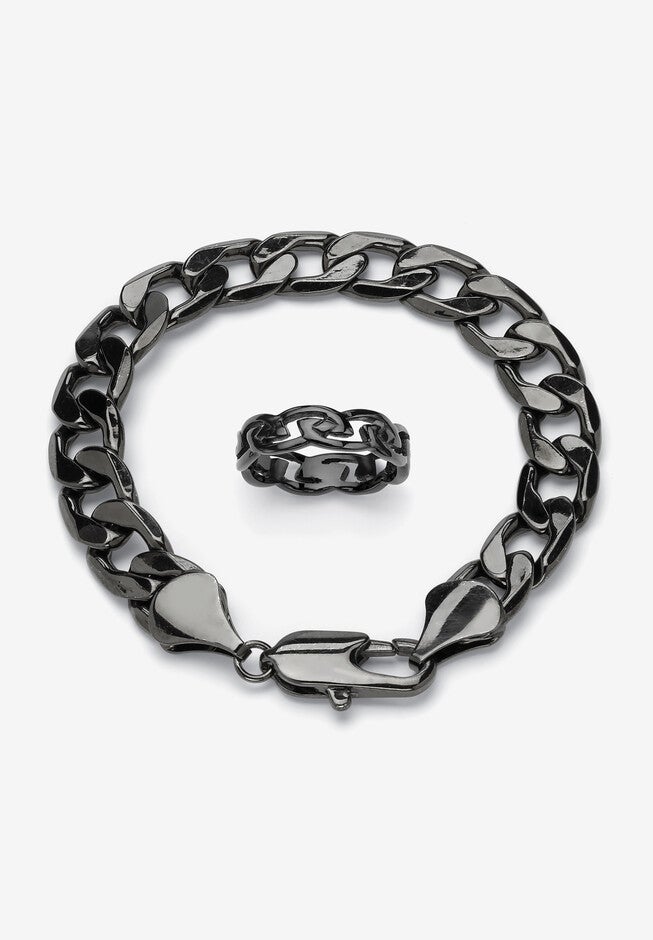 Black Ruthenium-Plated Curb-Link 9 inches Bracelet and Ring Set, STAINLESS STEEL, hi-res image number null