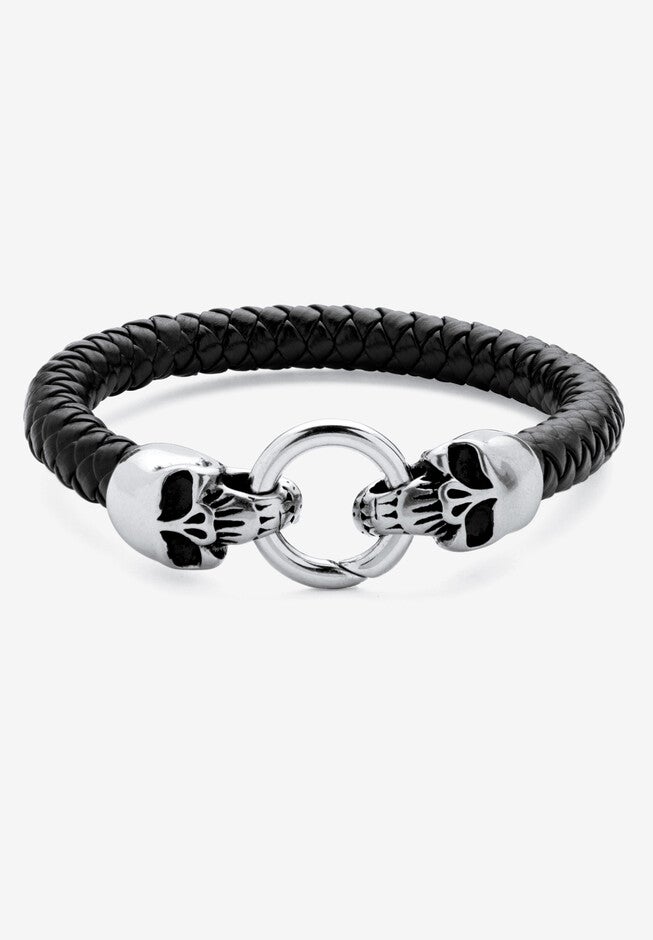 Stainless Steel Double Skull Bangle Bracelet 9 inches, STAINLESS STEEL, hi-res image number null