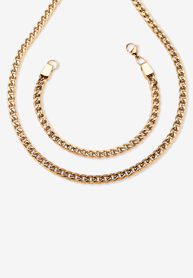 Gold Ion-Plated Stainless Steel Curb-Link 24 inches Chain and 9 inches Bracelet Set, STAINLESS STEEL, hi-res image number 0