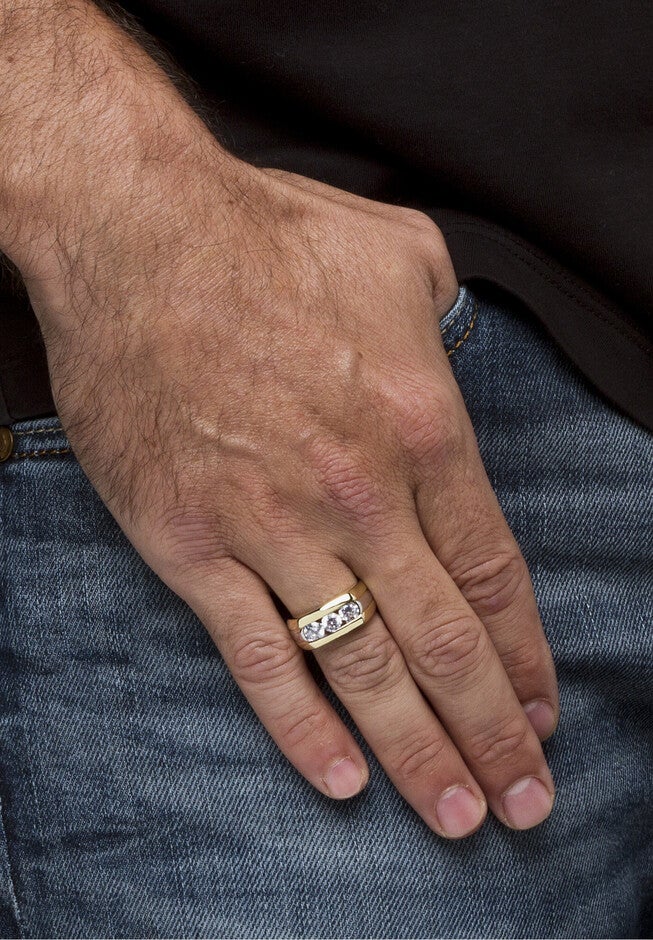 Men's Yellow Gold Plated Cubic Zirconia Two Tone 3 Stone Ring, , alternate image number 2