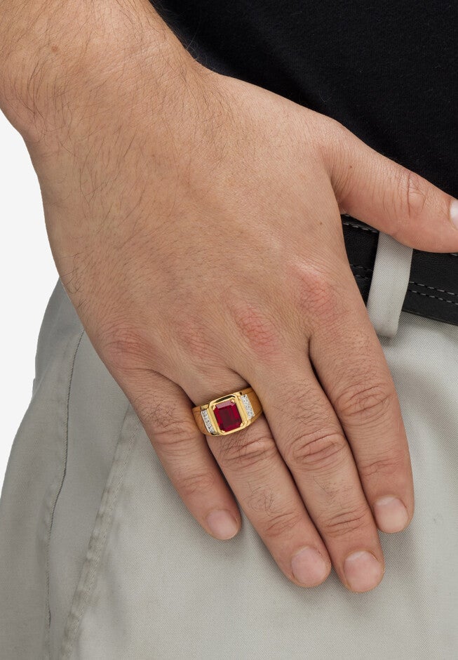 Men's 18K Gold-plated Genuine Diamond and Emerald Cut Garnet Ring, , alternate image number 2