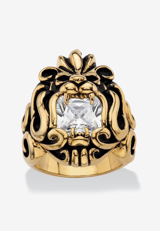 Men's Gold Ion-Plated Stainless Steel Cubic Zirconia Lion's Head Ring, CUBIC ZIRCONIA, hi-res image number null