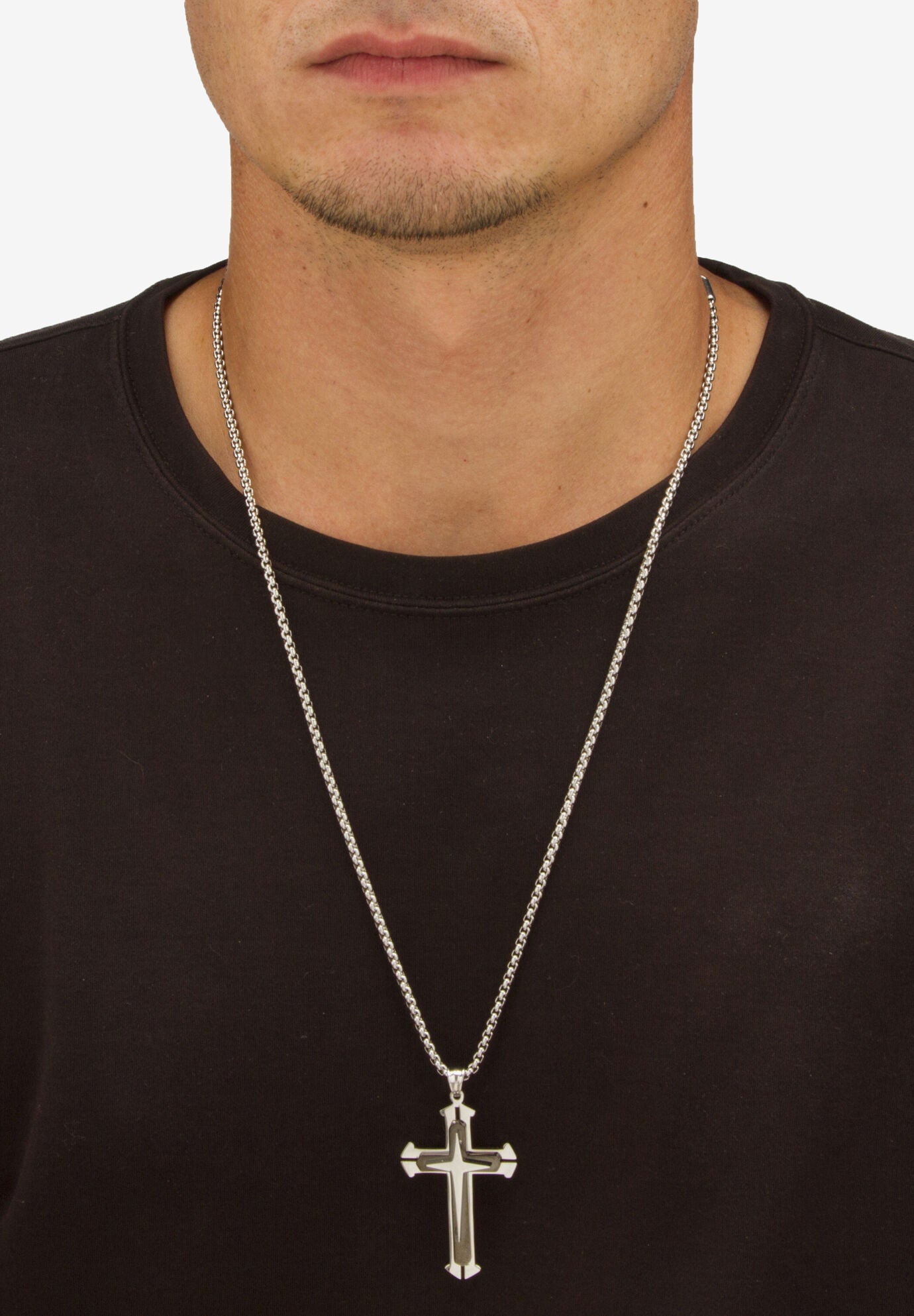 Men'S Stainless Steel Cross Pendant (31Mm) With 24 Inch Chain, , alternate image number 2