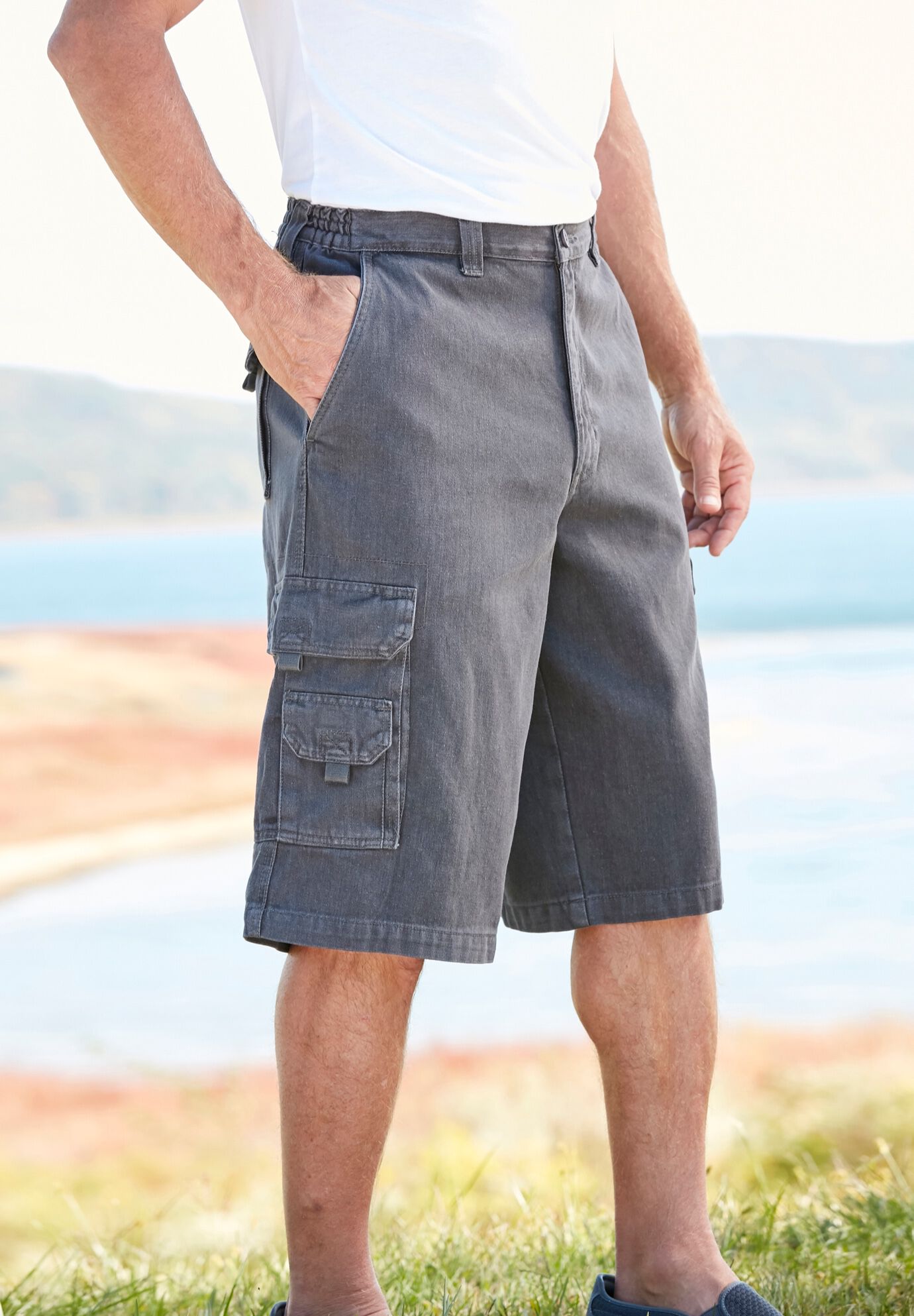 12 Side Elastic Denim Cargo Shorts Eloquii