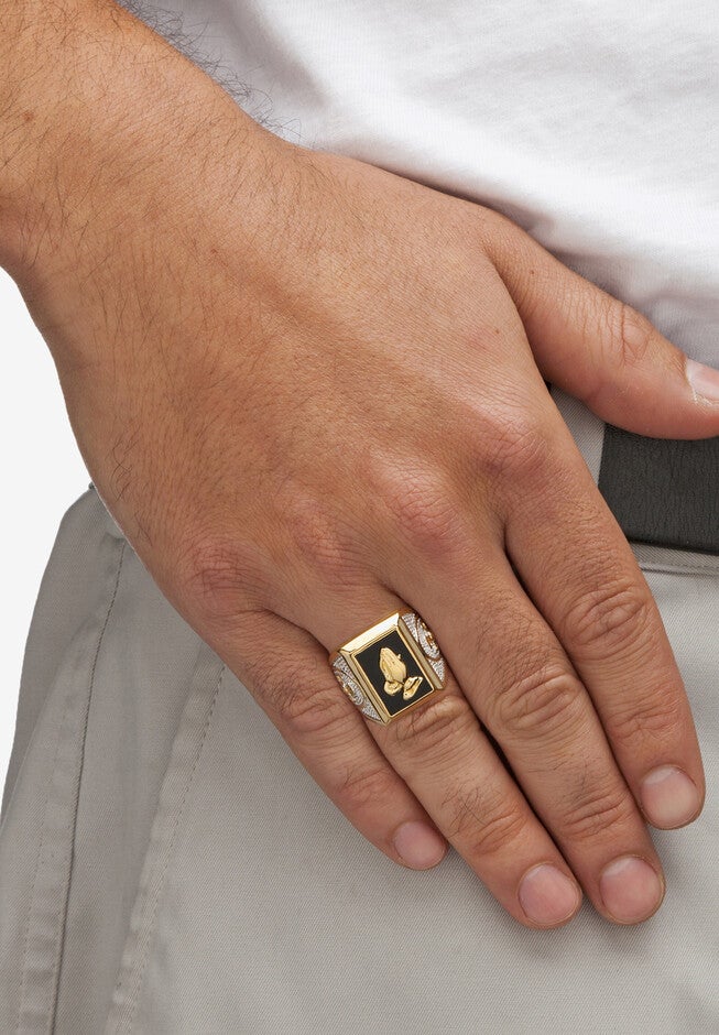 Men's Yellow Gold Plated Natural Black Onyx Praying Hands Ring, , alternate image number 2