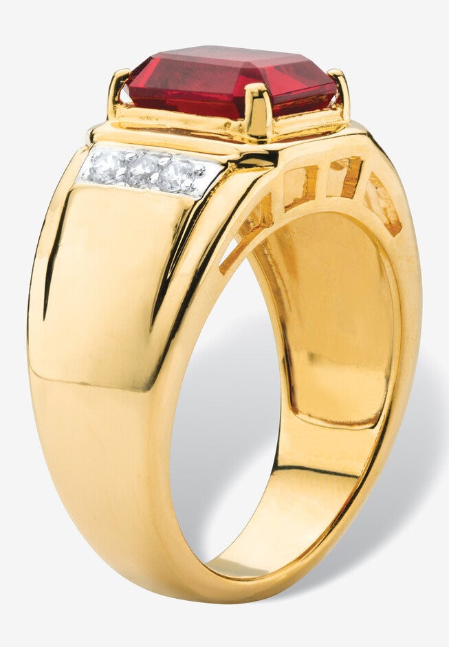 Men's 18K Gold-plated Genuine Diamond and Emerald Cut Garnet Ring, , on-hover image number 1