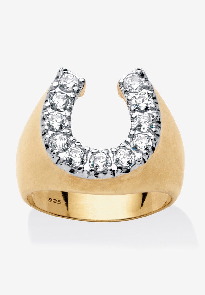 18K Gold over Sterling Silver Cubic Zirconia Horseshoe Ring, GOLD, hi-res image number null