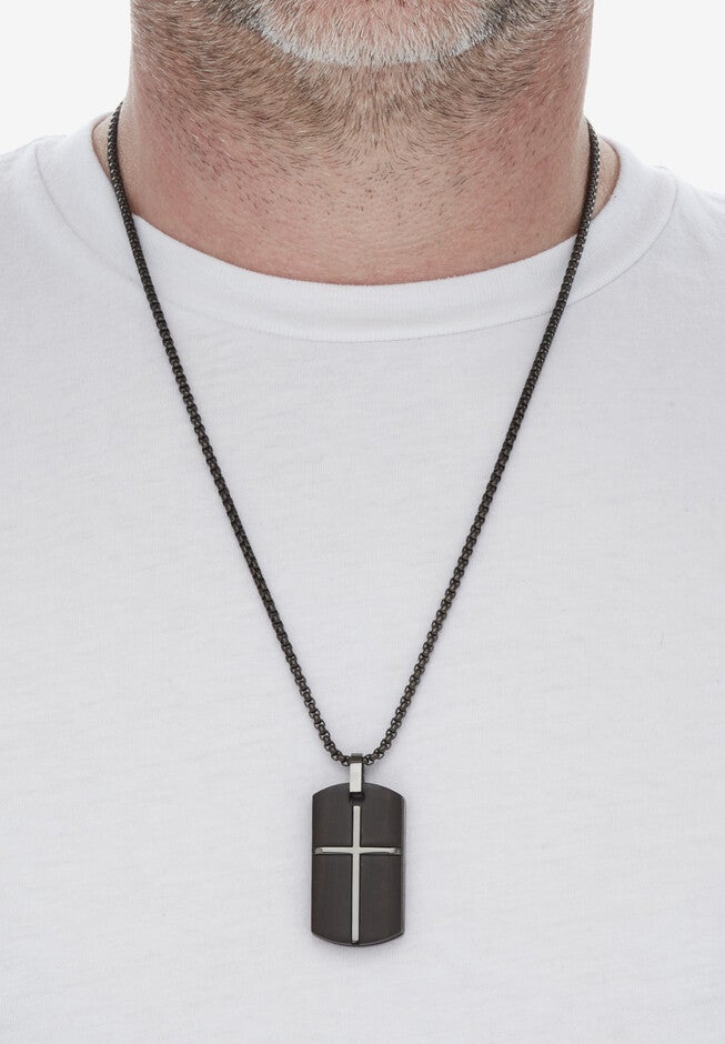 Men'S Black Ion-Plated Stainless Steel Dog Tag Pendant Cross Necklace 26 Inch Jewelry, , alternate image number 2