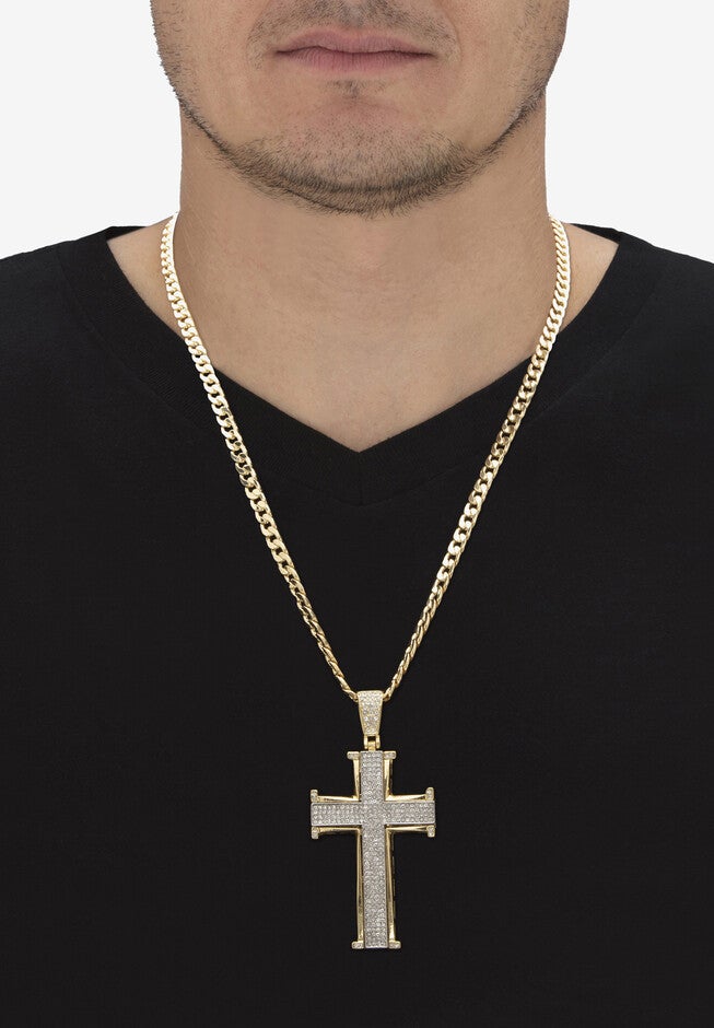 Men'S Yellow Gold Ion Plated Stainless White Crystal Cross Pendant 24 inches Chain, , alternate image number 2
