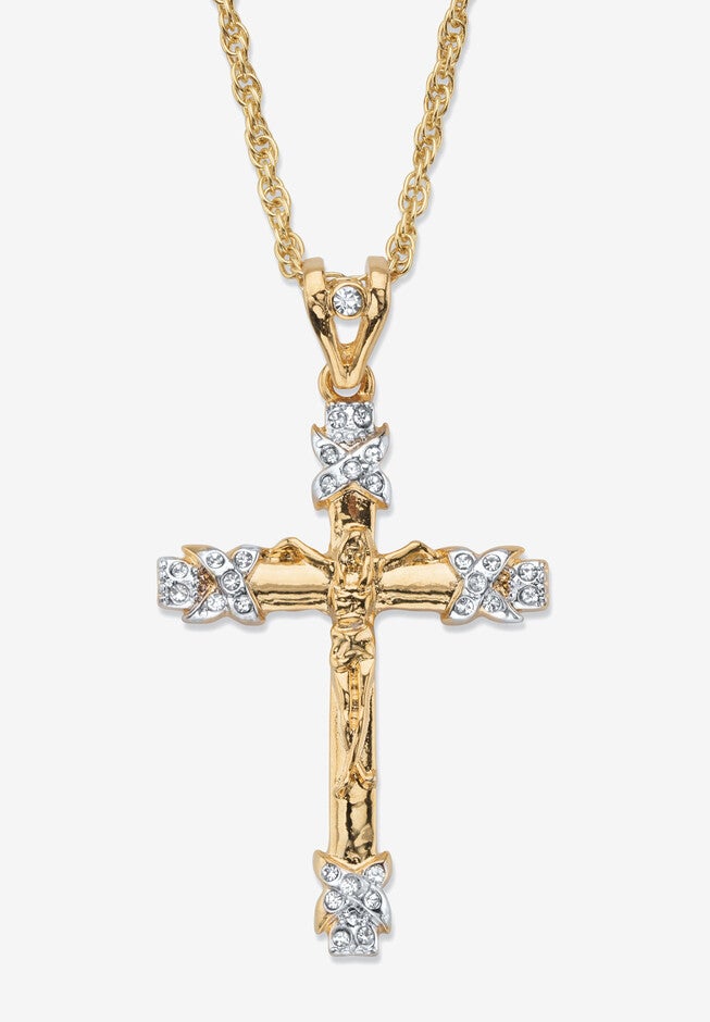 Men'S Gold Tone Round Crystal Cross Pendant Necklace, 24 Inch Length (32Mm), GOLD, hi-res image number null