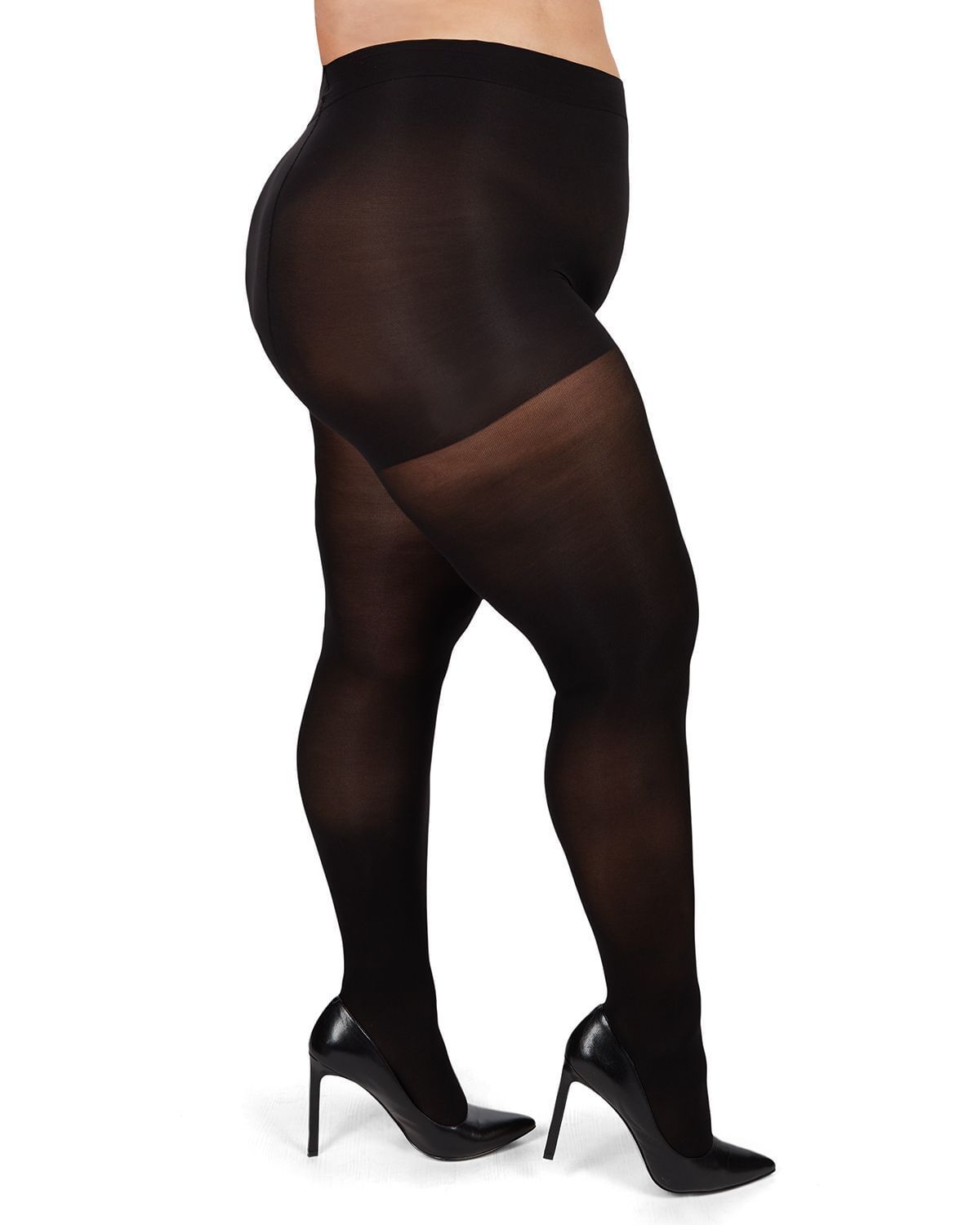 Microfiber Opaque Plus Size Curvy Control Top Tights, Black / Black, hi-res image number 0