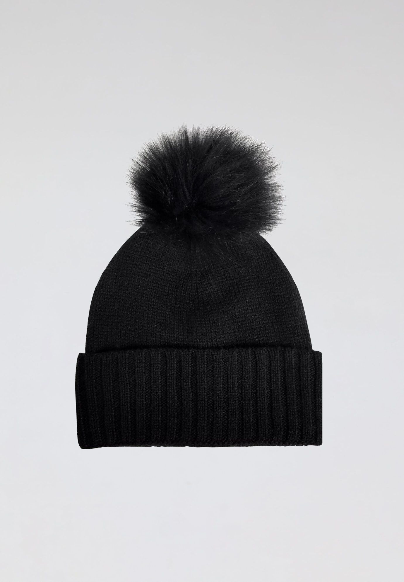 Classic Cashmere Slouch Hat with Faux Fur Pom, Black / Black, alternate image number 1