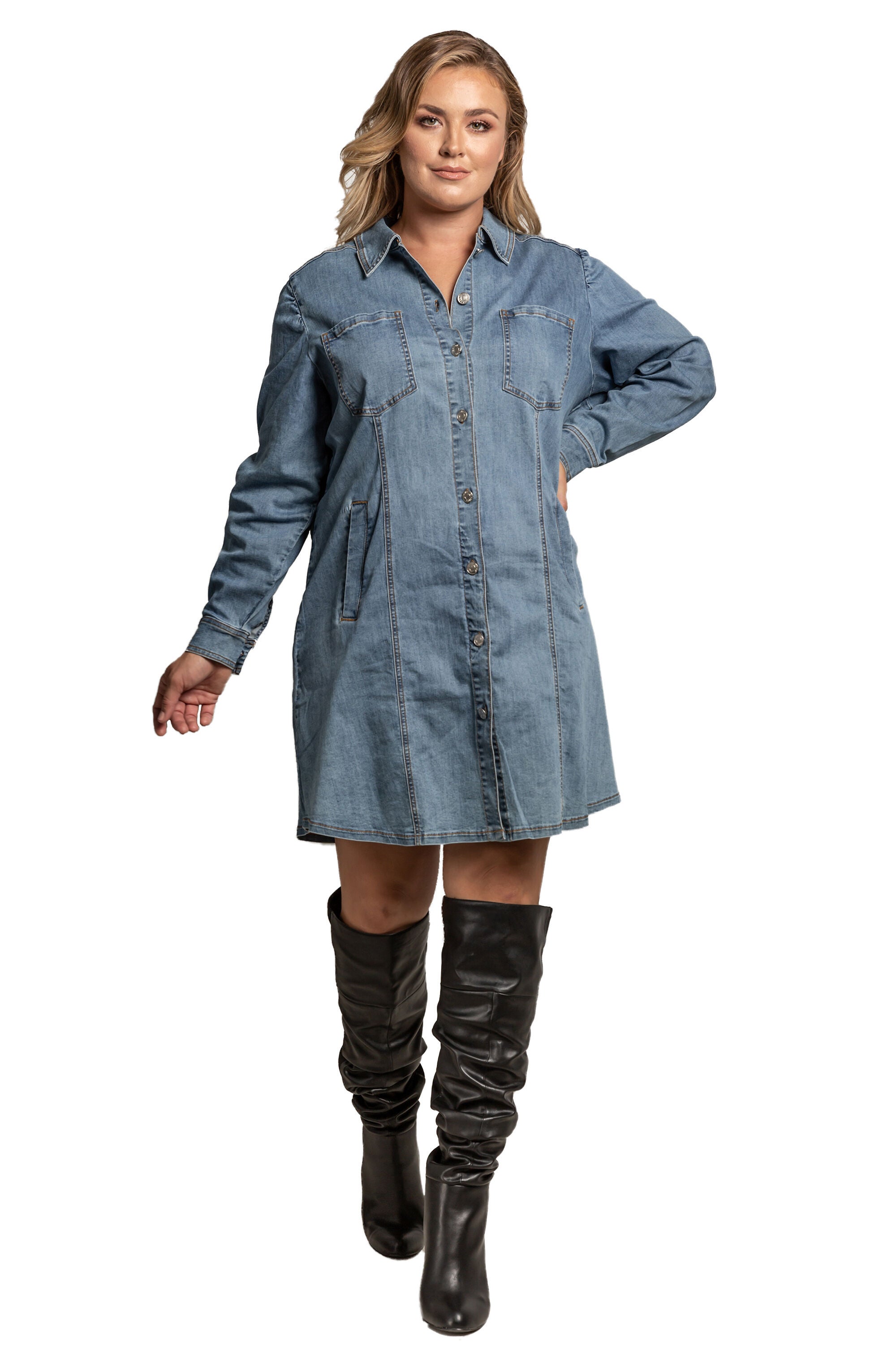 Women's Plus-Size Full Sleeve Denim Shirt Midi Dress, Medium Blue, hi-res image number 0
