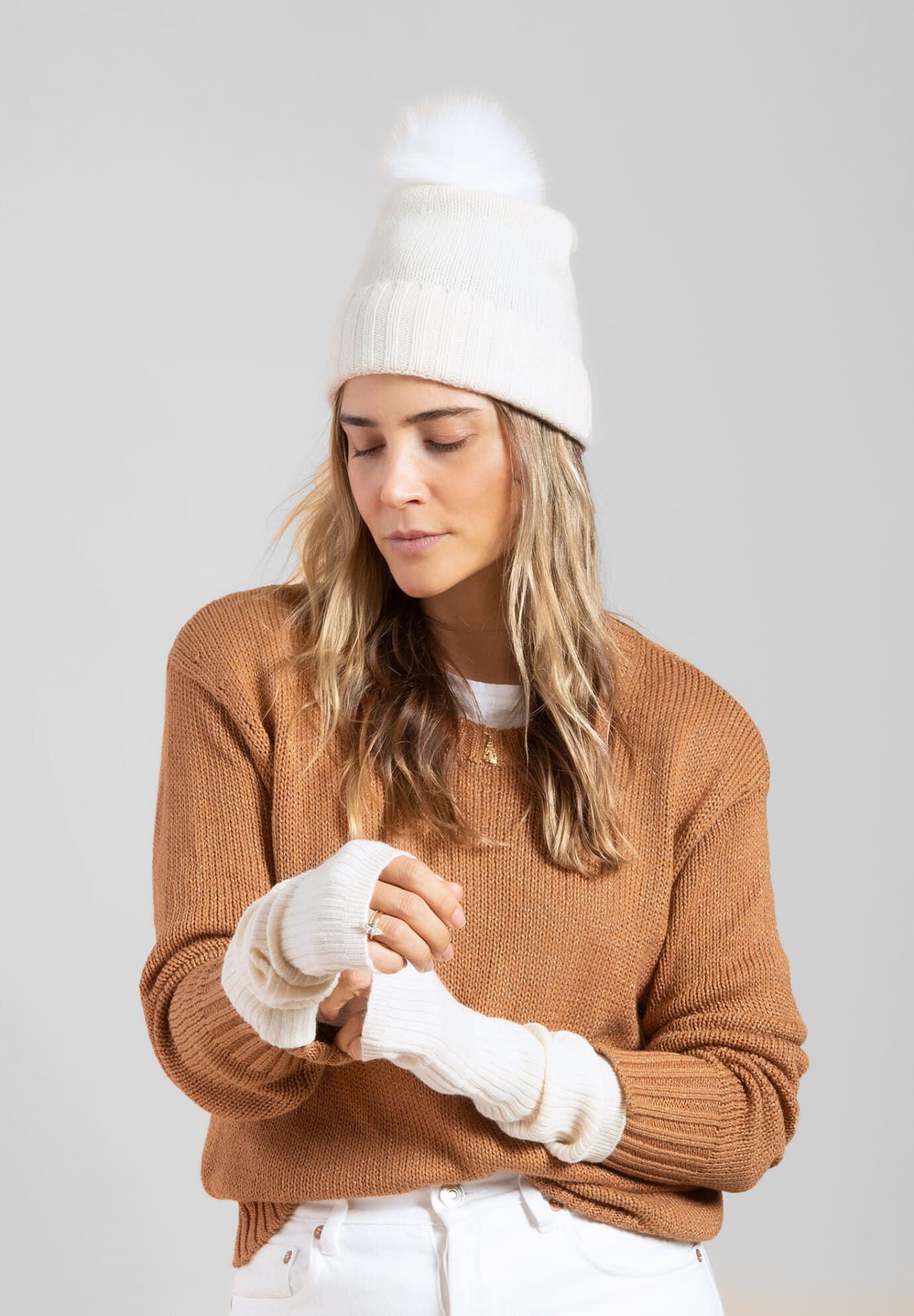 Classic Cashmere Slouch Hat with Faux Fur Pom, Ivory / Ivory, alternate image number 2