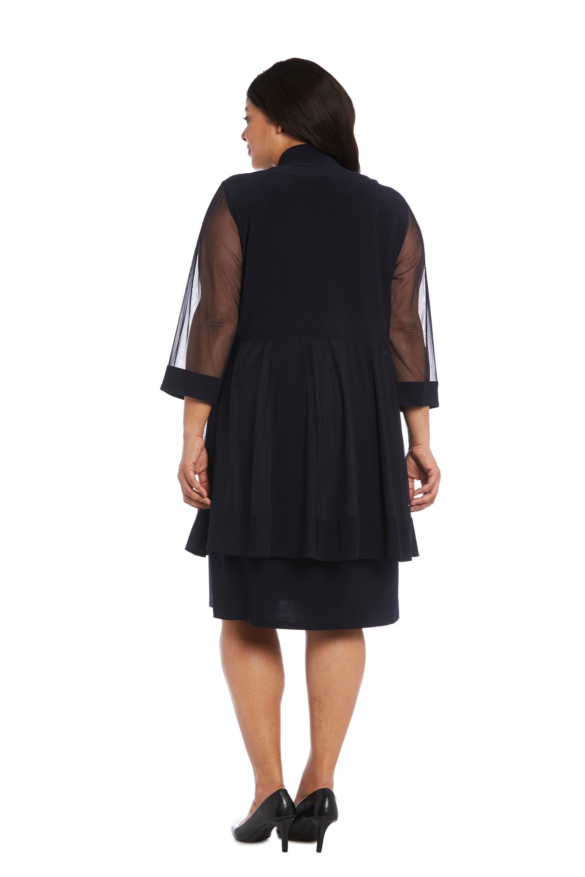 Knee-Length Dress with Beaded Neckline and Soft Jacket with Sheer Sleeves, , alternate image number 1