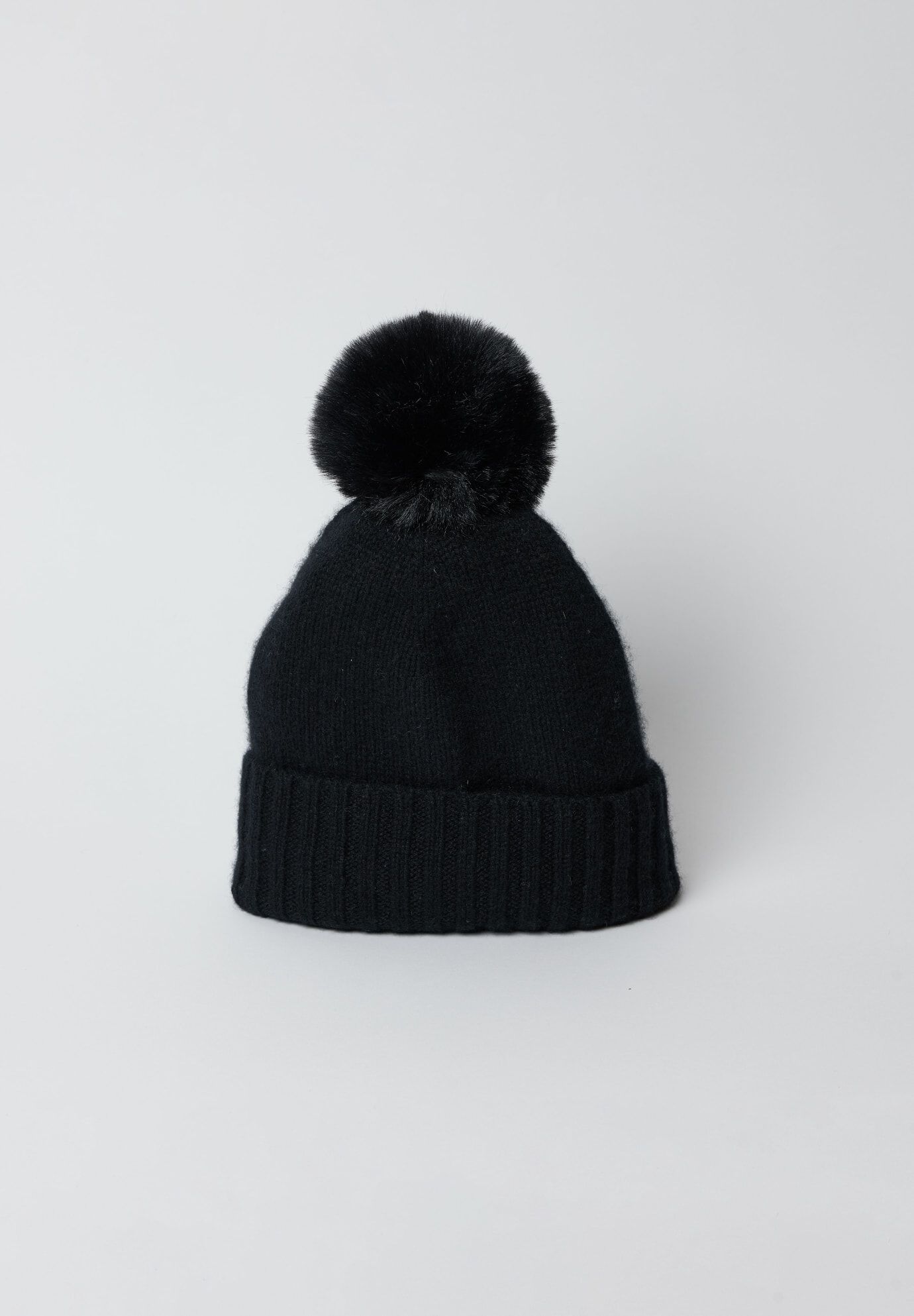 Classic Cashmere Slouch Hat with Faux Fur Pom, Black / Black, hi-res image number 0