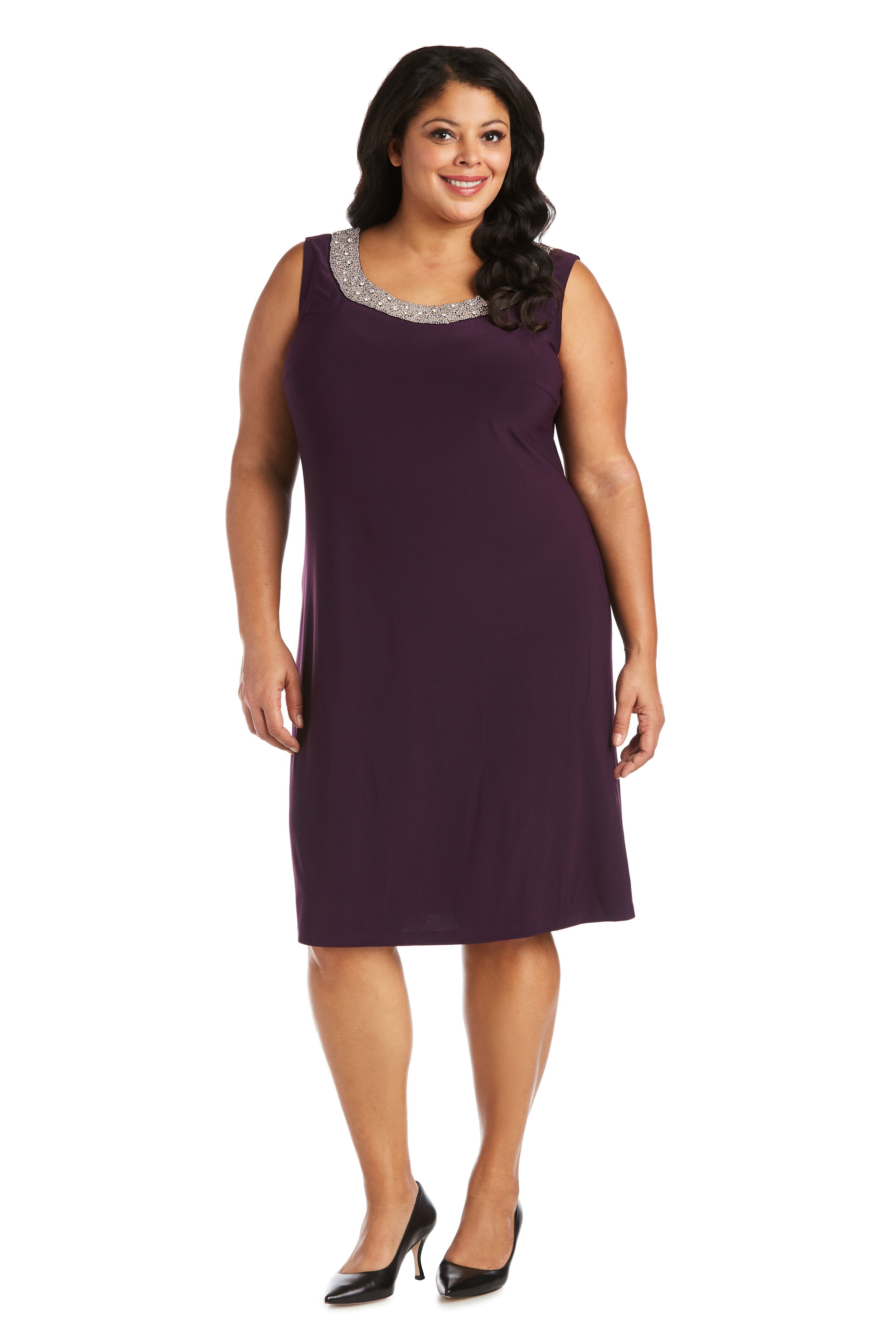 Knee-Length Dress with Beaded Neckline and Soft Jacket with Sheer Sleeves, , alternate image number 2