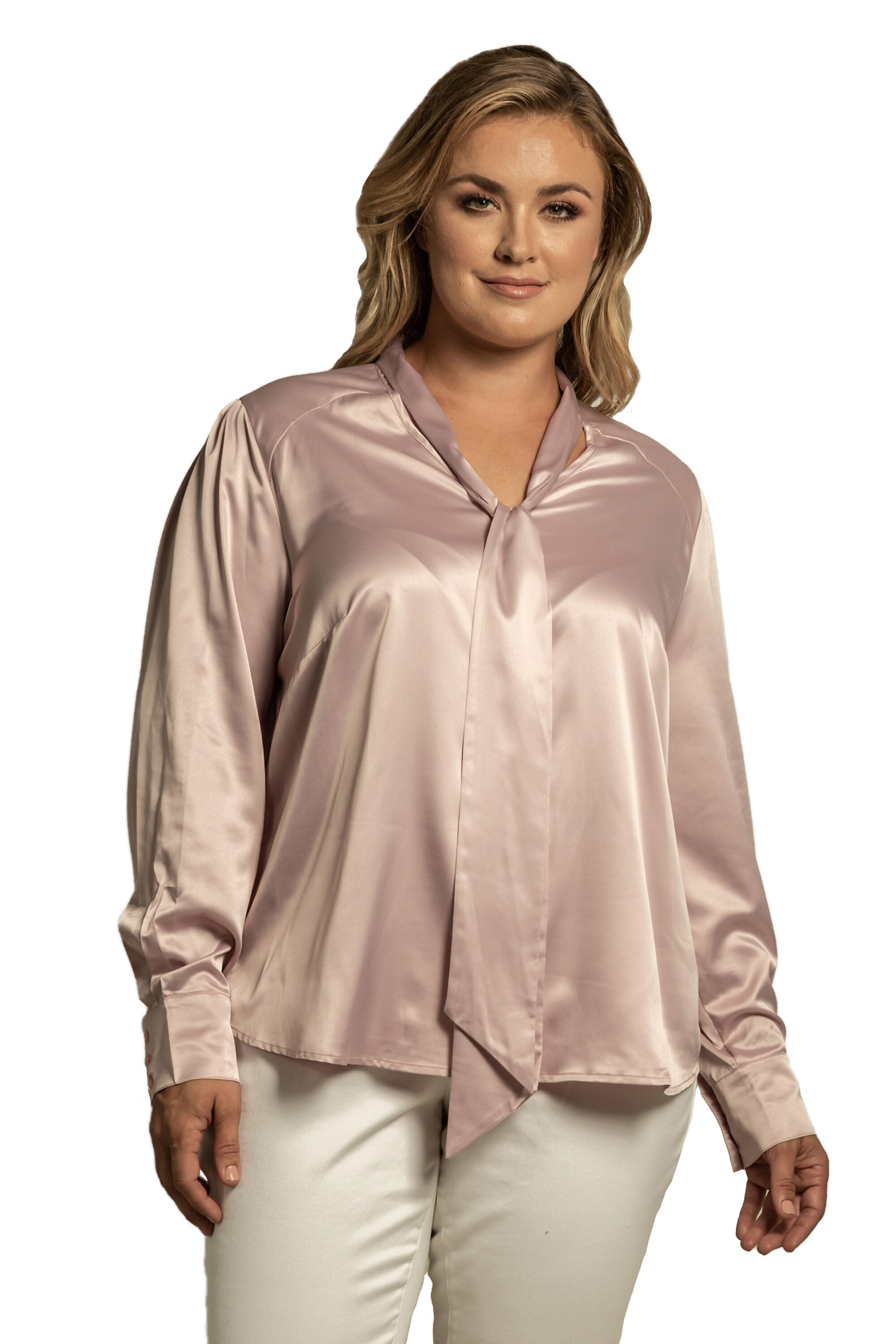 Women's Plus Size Bow-tie Neck Long Sleeve Blouse, Coral, hi-res image number 0