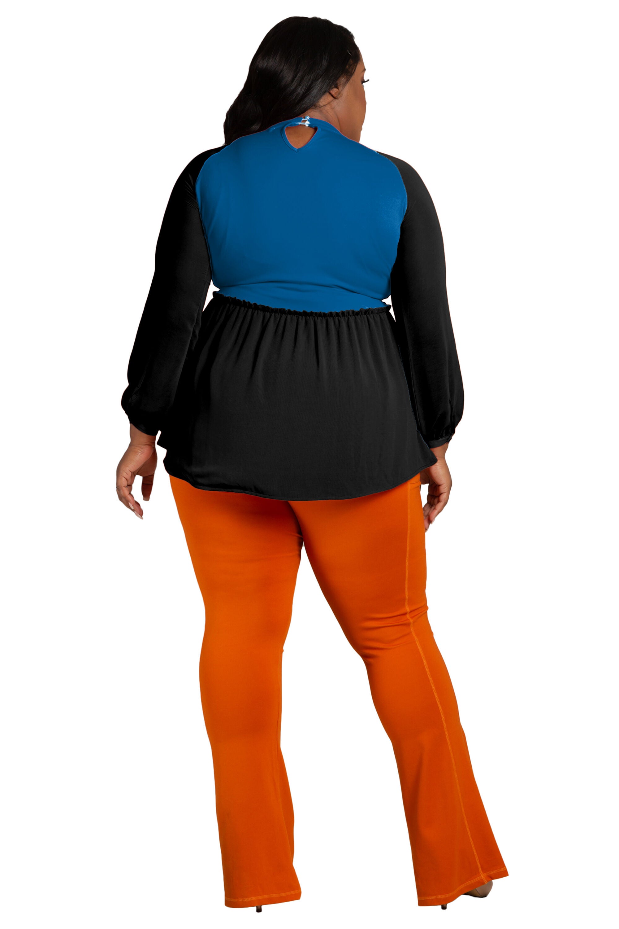 Women's Plus Size Mock Neck Lantern Sleeve Two Tone Peplum Tunic Top, , alternate image number 1
