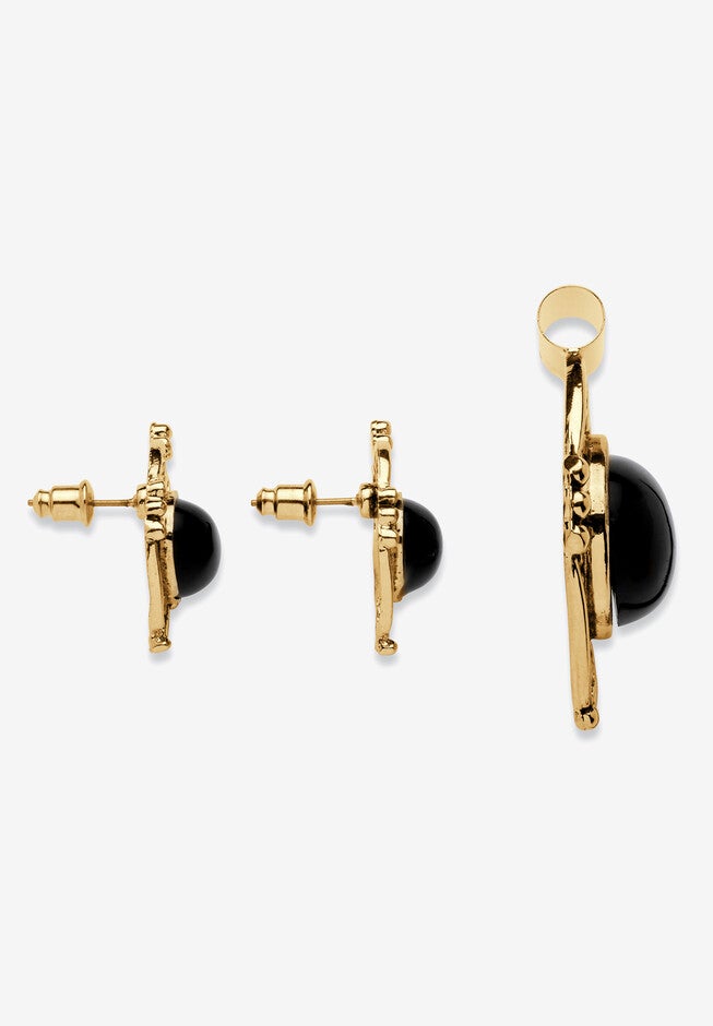 Yellow Gold Plated Antiqued 2 Piece Set Pendant (37mm) Oval Shaped Natural Black Onyx, , on-hover image number 1