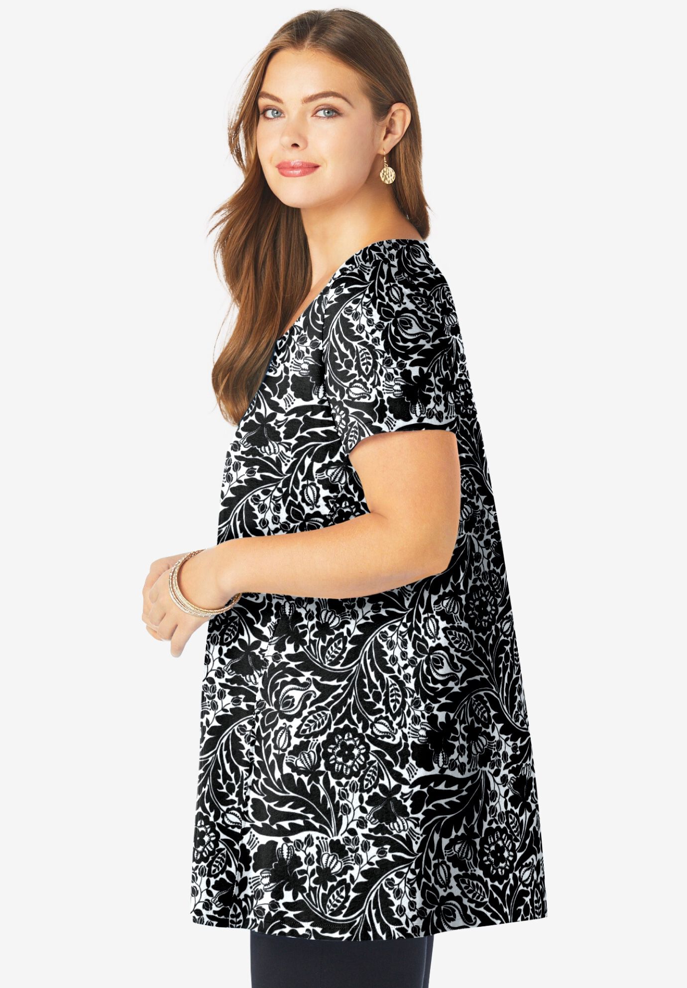 Plus Size Cotton Ultimate Scoopneck Swing Tunic, BLACK WHITE FLORAL, alternate image number 3