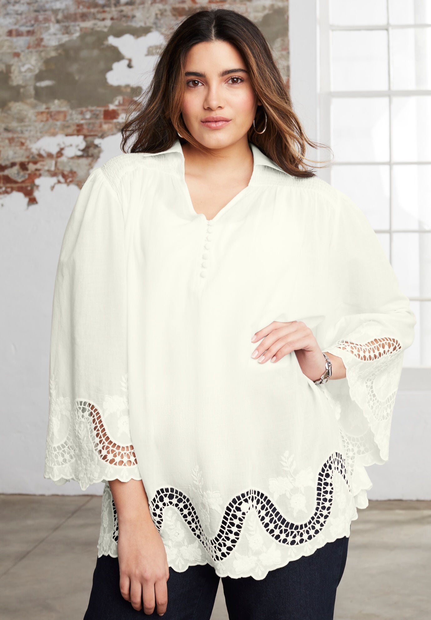 Open-Crochet Blouse, IVORY GEO LACE, hi-res image number 0
