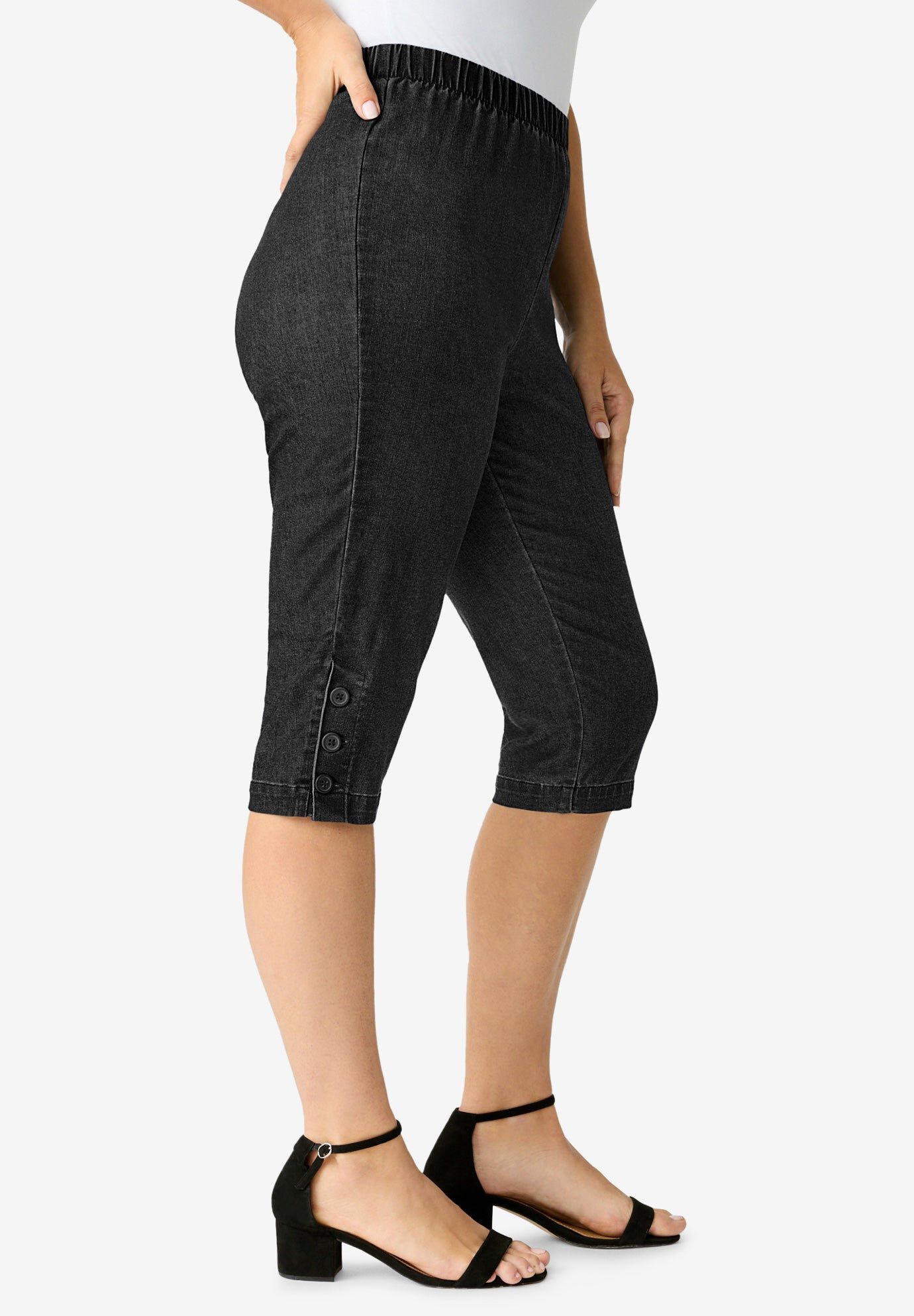 Plus Size Comfort Stretch Button Detail Capri Jean, BLACK DENIM, hi-res image number 0