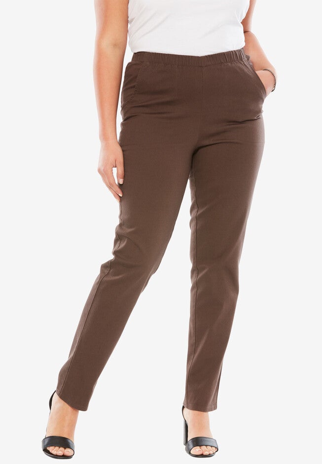 Elastic Waist Straight Leg Jean, CHOCOLATE, hi-res image number 0
