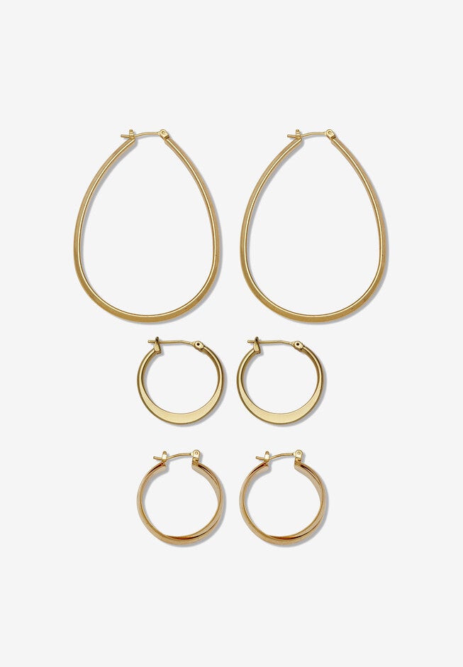 Yellow Goldtone 3 Pair Hoop Earrings Set, , on-hover image number null