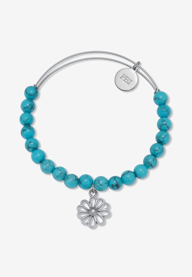 Genuine Blue Turquoise Silvertone Heart Charm Bangle, 7.5 Inches, , on-hover image number null