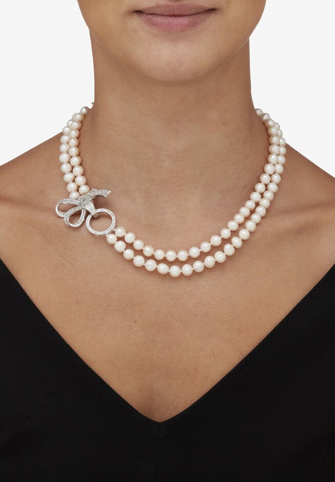 1.95 Cttw. White Genuine Double Strand Pearl Necklace Cz Bow Silvertone 18 inches, , alternate image number 2